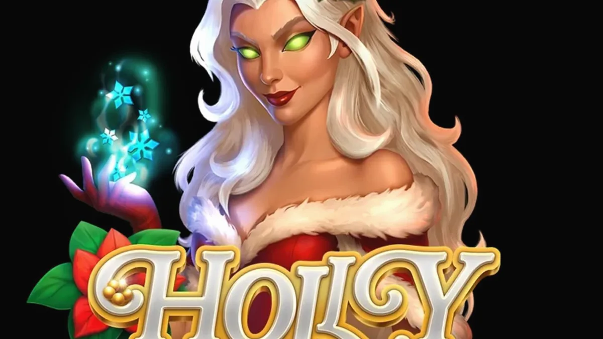 Tampilan visual slot Holly dengan tema hutan musim dingin yang nyaman dan dekorasi lampu peri.